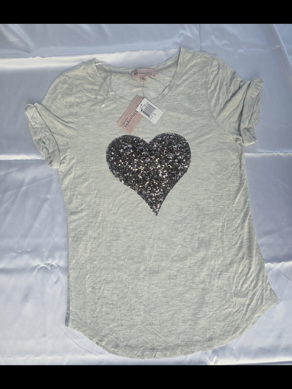 Philosophy Heart Sequin Short Sleeve Tee - Cream Small